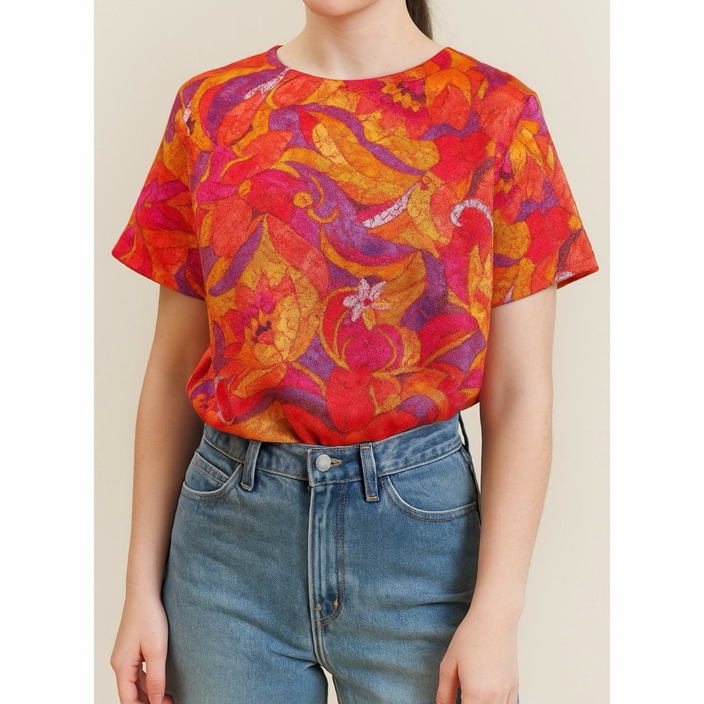 VTG Floral Bold Pattern Retro Upholstery Tapestry Short Sleeve Boxy Fit Top